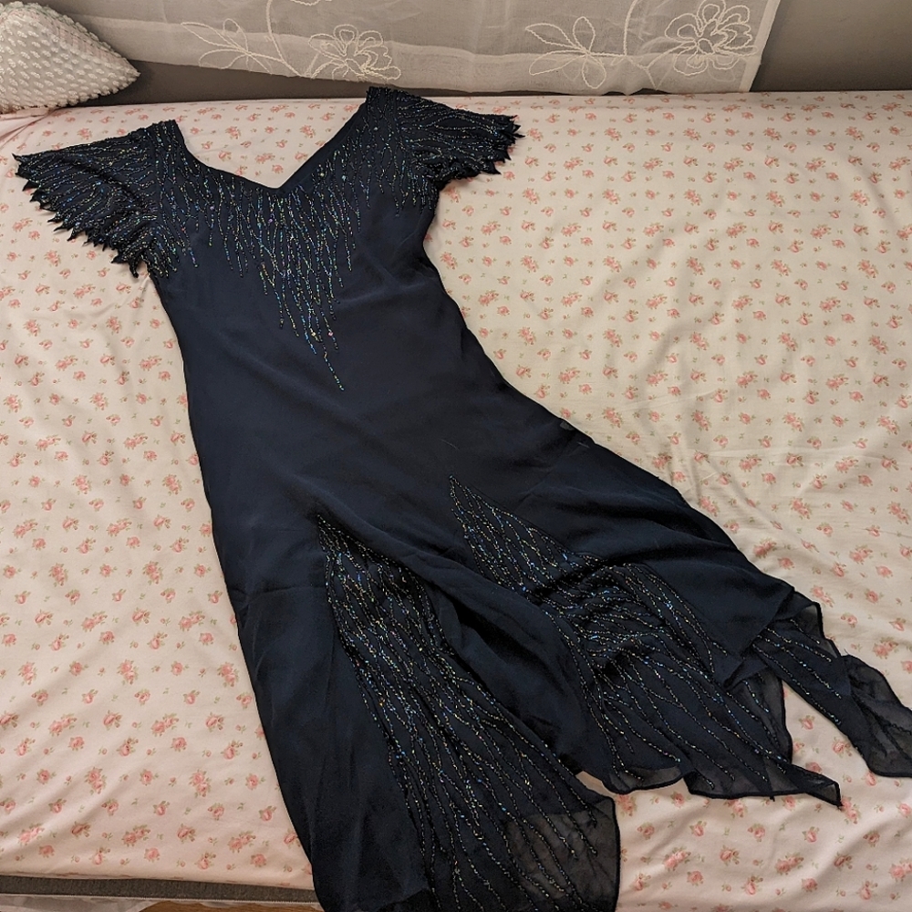 Beaded Navy Chiffon Dress